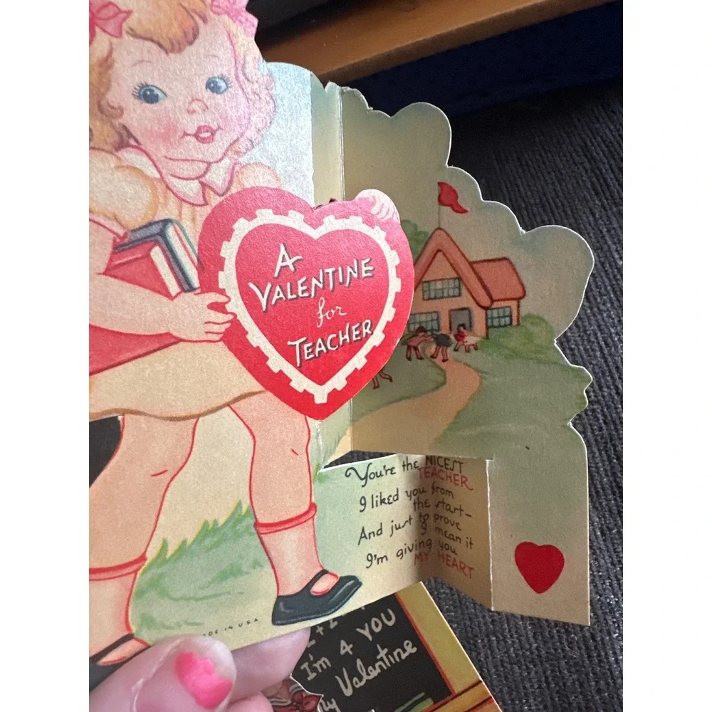 Vintage Teacher Valentine Cards Lot of 3 Mechanical Die Cut 1940s 1950s Ephemera